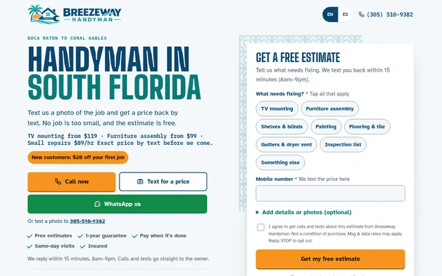דף הבית של Breezeway Handyman: כותרת, כפתורי התקשרות ווואטסאפ, וטופס לקבלת הצעת מחיר