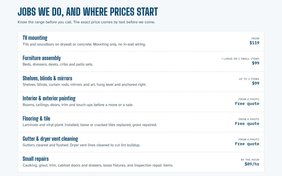 Breezeway Handyman services list with starting prices